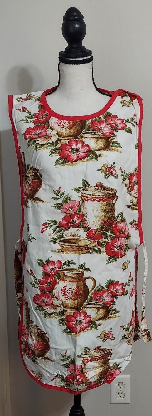 Vtg 1950s 1960s Carmen Lee Smock Apron Full Bib Cottagecore Pitcher Floral Red
